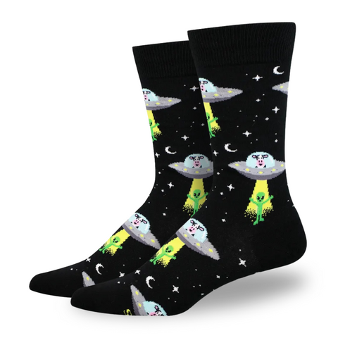 Black socks with an alien being beamed up to a UFO flown by a cow.