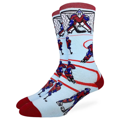 Hockey-themed socks with player and goalie graphics on a white background
