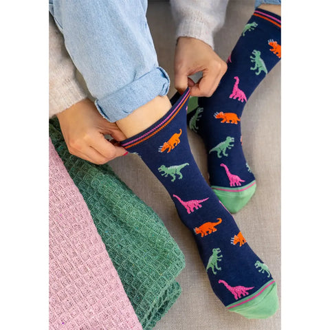 Pair of socks with dinosaur pattern on a white background