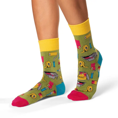 decorating-themed socks, featuring paint, rollers, brushes, scrapers, masking tape and paint tray