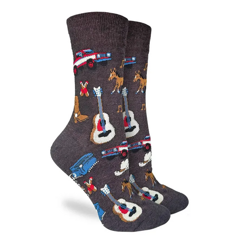 Brown socks with colourful patterns of guitars, trucks, and boots on a white background
