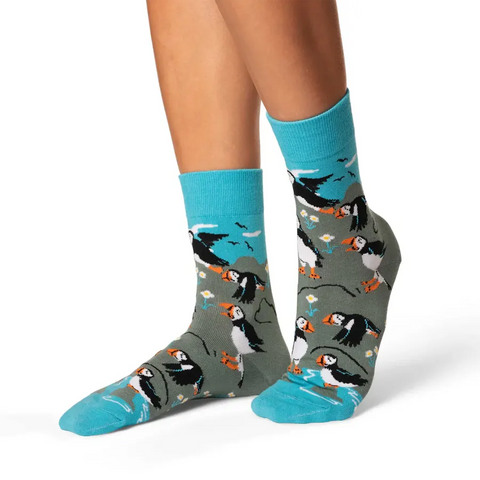 blue and green socks with puffin birds detail