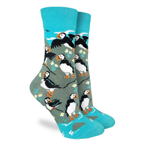 blue and green socks with puffin birds detail