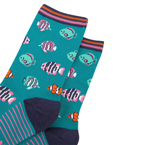 Colorful socks with fish pattern on a white background