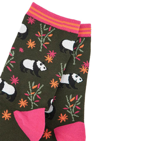 Two pairs of socks with panda and bamboo design on a white background