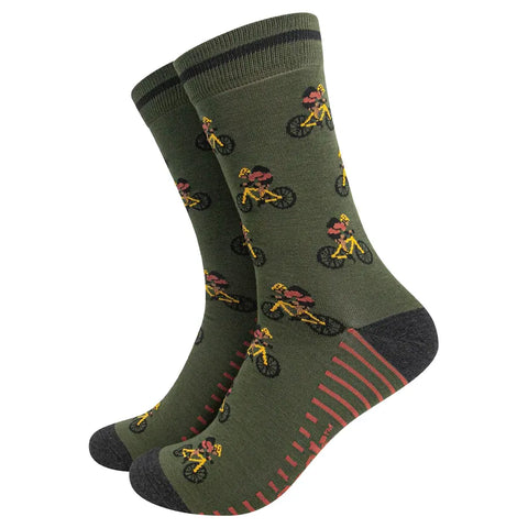Green socks with bicycle pattern on a white background