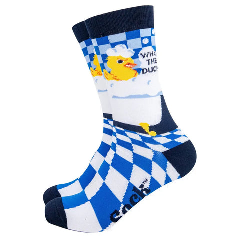 Socks with duck design and text on a white background