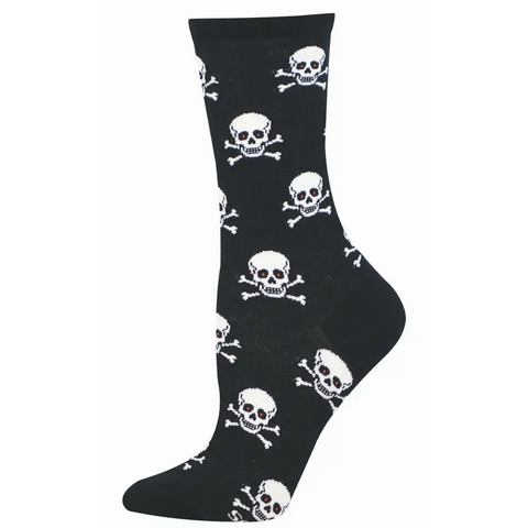 Black sock with white skull and crossbones pattern on a white background