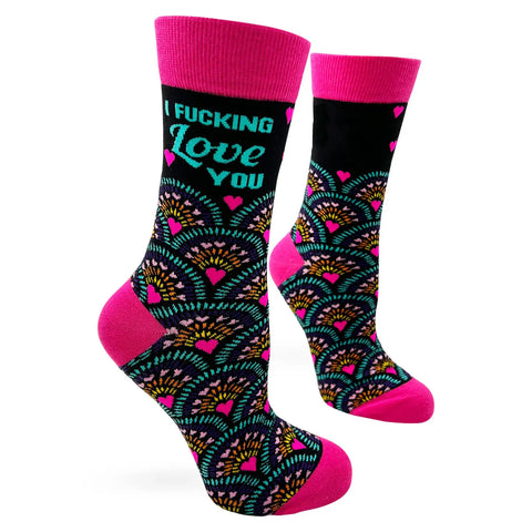 Colorful socks with text and patterns on a white background