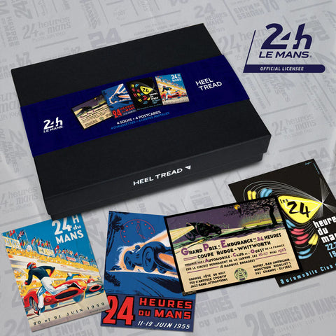 Collection of '24 Heures du Mans' themed socks and posters on a gray background