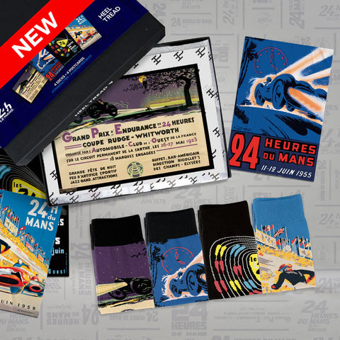 Collection of '24 Heures du Mans' themed socks and posters on a gray background