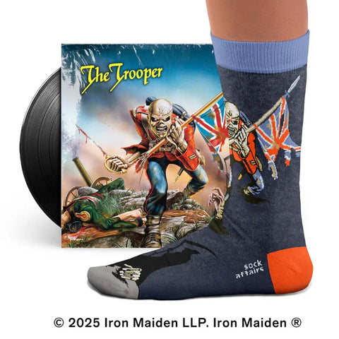 Iron Maiden-themed sock and album cover with 'The Trooper' design.