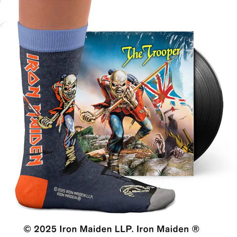 Iron Maiden-themed sock and album cover with 'The Trooper' design.