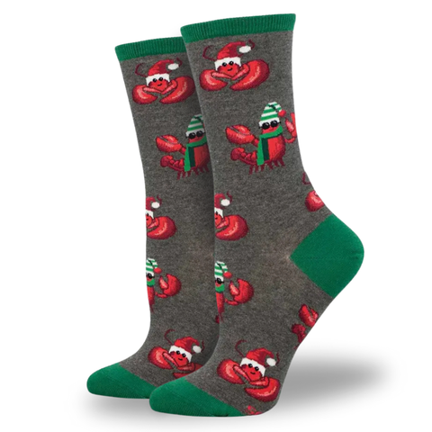Gray socks with red lobster design and green accents